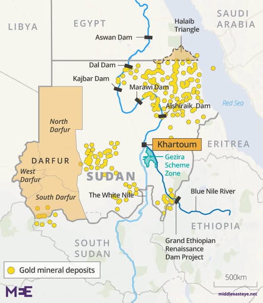 حريطة تكشف عن مناطق وجود المعادن غي السودان