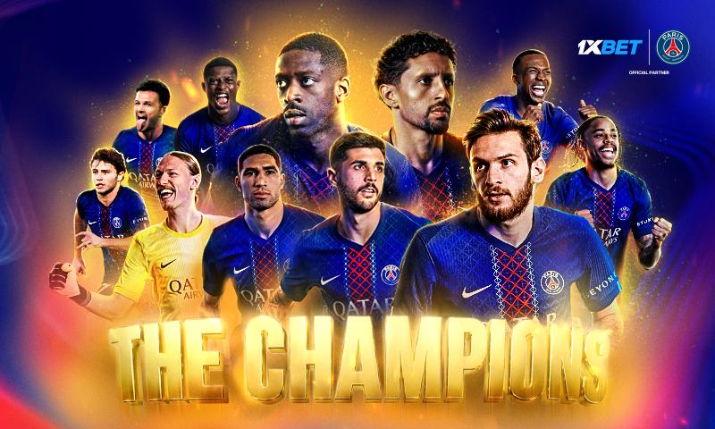 Promotional banner showing PSG players in blue kits, with bold gold text 'THE CHAMPIONS' and 1XBET logo.