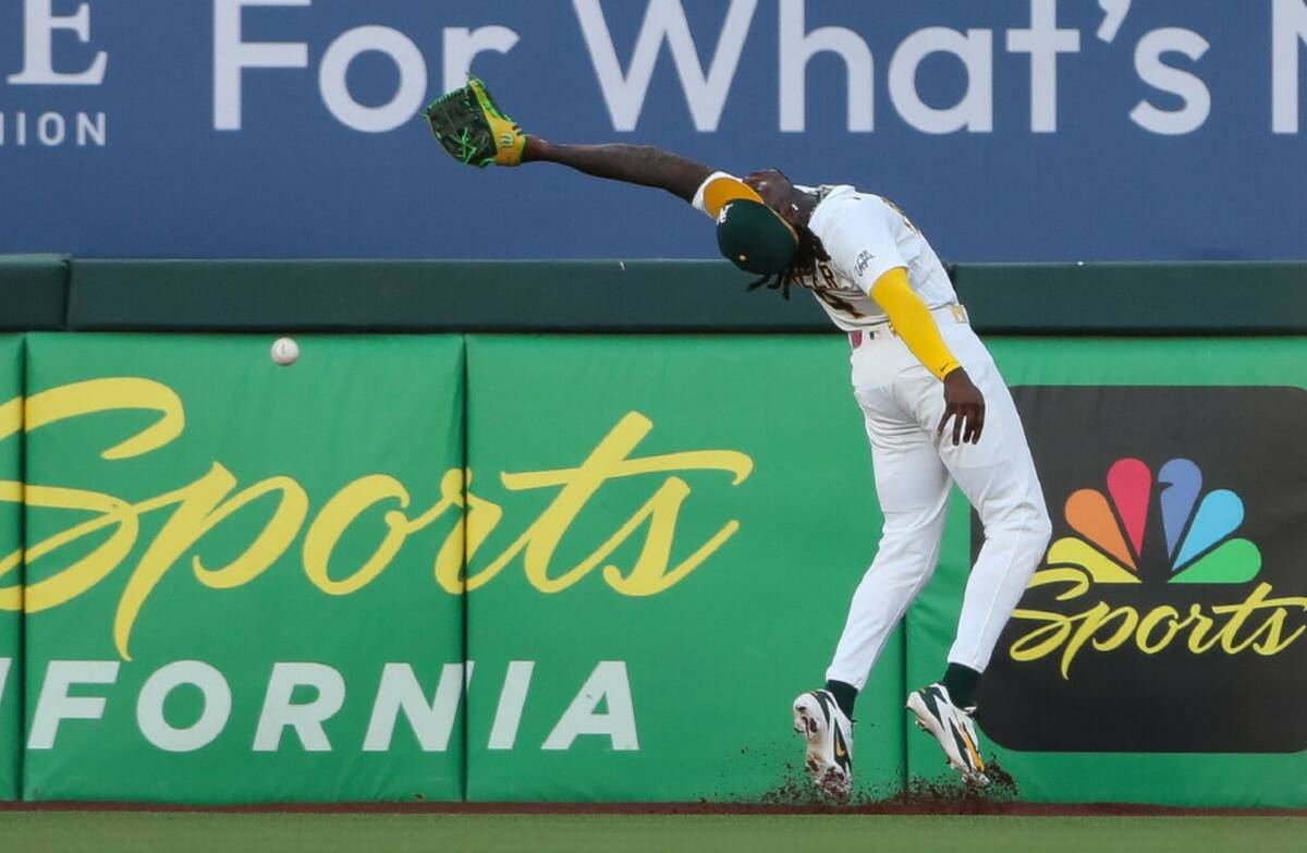 Athletics right fielder Lawrence Butler over runs the ball and can't make the catch during the ...