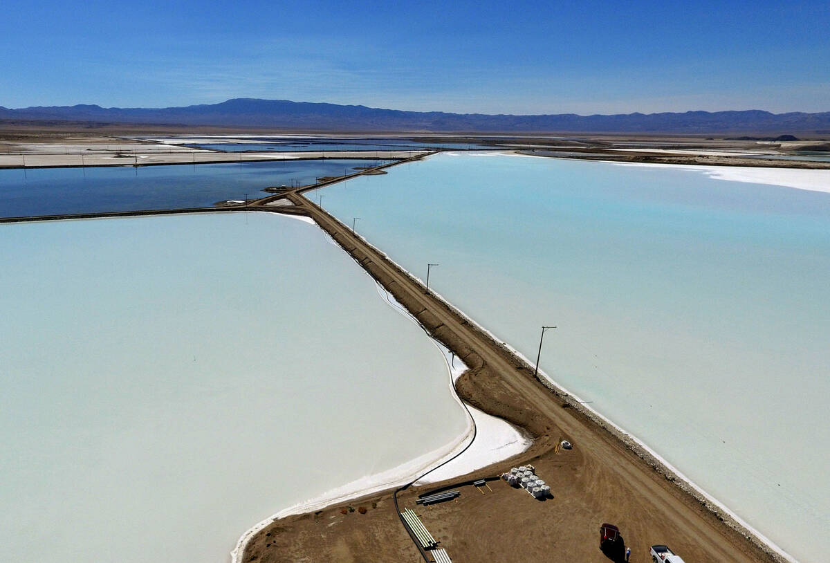 Lithium brine evaporation ponds at Albemarle's lithium mine in Silver Peak, Nev., are shown on ...