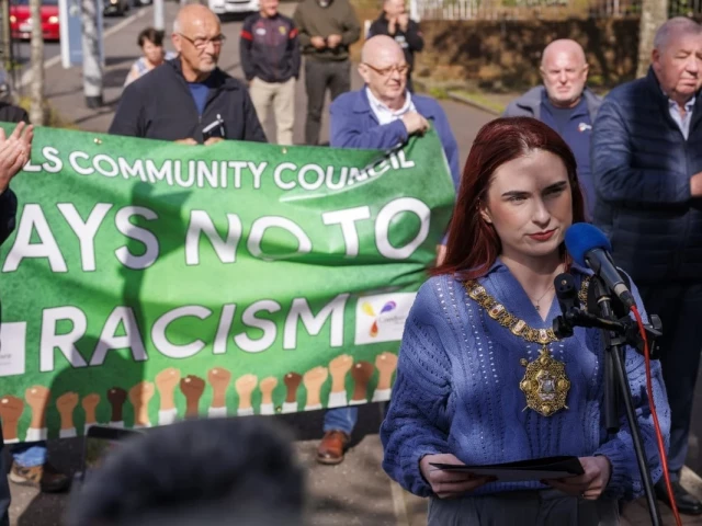 lord mayor of belfast r is m ire donnelly spoke at the community solidarity rally photo belfast telegraph