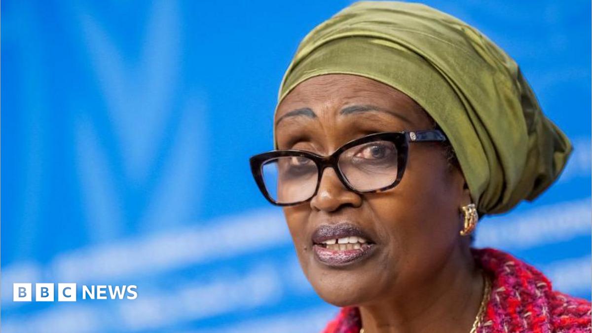 Winnie Byanyima wearing a khaki headwrap with a mic in front of her. the background is light blue