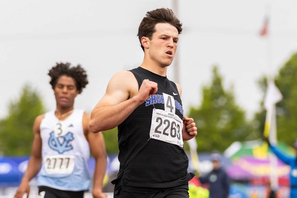 Shorewood’s Jaden Marlow finishes second in the 3A Boys 110M hurdles final during the WIAA State Track & Field Championships on Friday, May 29, 2026 in Tacoma, Washington. (Olivia Vanni / The Herald)