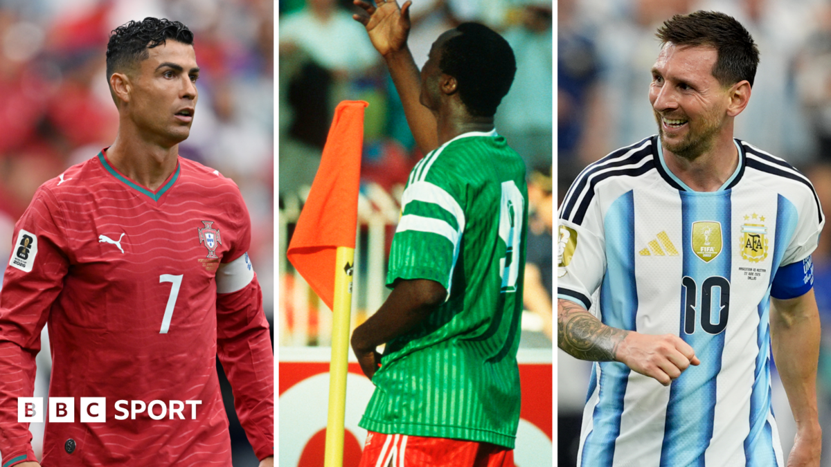 A composite triptych image made up of three vertical columns which show, from left to right: Cristiano Ronaldo in action for Portugal in a red shirt with white number seven on the chest; Cameroon's Roger Milla, with his face turned away from the camera, in green shirt and red shorts dancing next to a yellow corner flag at Italia 90; Lionel Messi in action for Argentina in a classic home kit with blue and white vertical stripes. Both Ronaldo and Messi appear to be looking in towards Milla in the middle of the image