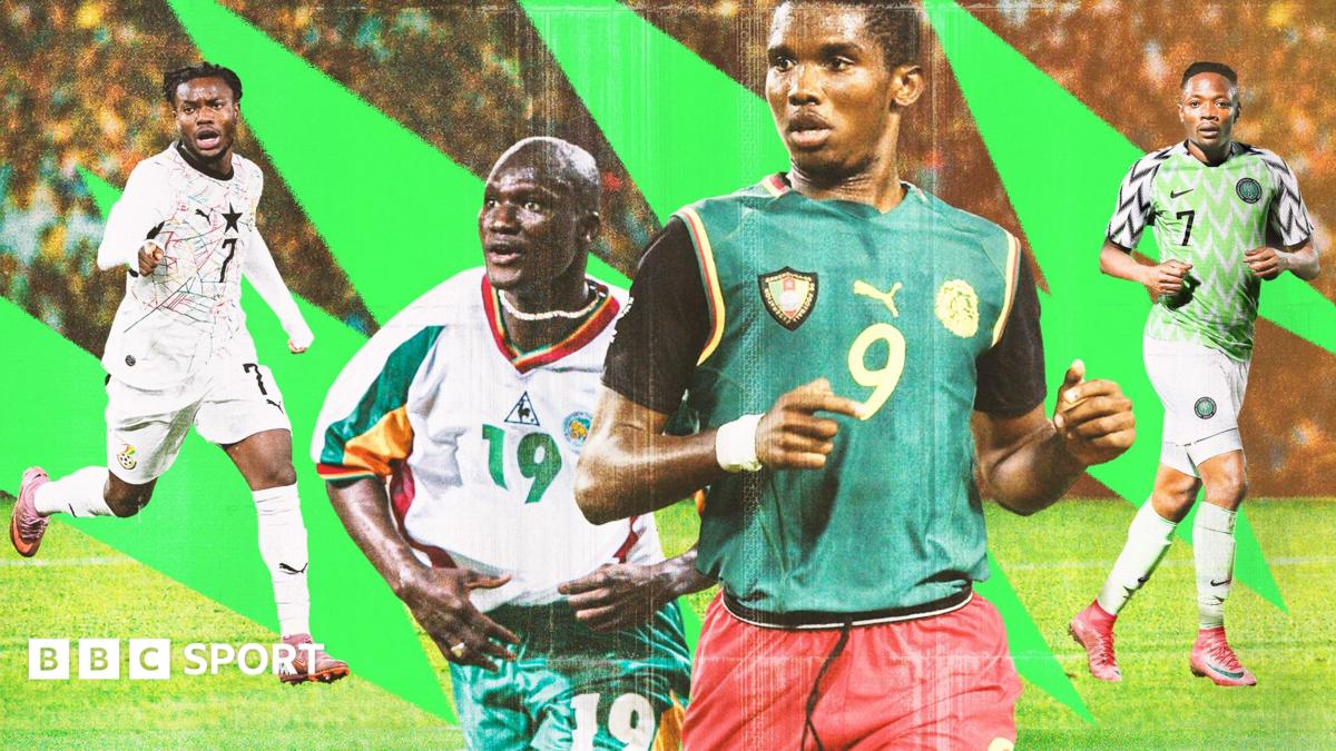 A composite triptych showing three footballers, all visible from waist up, in action for their country. On the left is Ahmed Musa in the neon green Nigeria home shirt worn at the 2018 World Cup in Russia. The design includes white chevrons on the green chest and black chevrons on the white sleeves. Musa has his arms spread wide and his mouth open to scream in celebration as he runs after scoring a goal. In the centre is Samuel Eto'o in the sleeveless green Cameroon home shirt worn by the country when winning the 2002 Africa Cup of Nations. Eto'o is standing with his hands behind his back as he lines up during the national anthem. On the right is Ghana's Asamoah Gyan wearing his country's away kit from the 2010 World Cup in South Africa which features maroon and gold vertical stripes. Gyan is looking to his right and wagging his right index finger