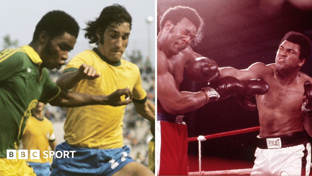 A split image shows a Zaire football player taking on a Brazilian opponent while Muhammed Ali throws a punch at George Foreman