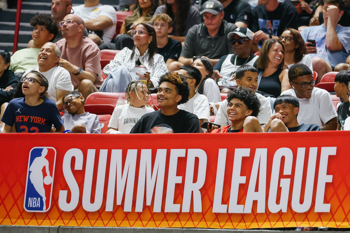 Basketball fans react to the video on the Jumbotron during a game in the 2026 NBA Summer League ...