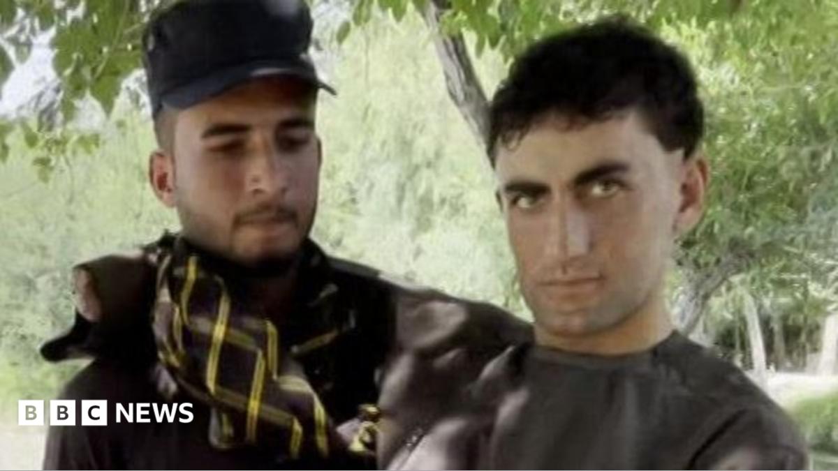 One of the 12 migrants who spoke to BBC Afghan Forensic, quadruple amputee Shahsawar, 21, is carried by another man, on a red-and-blue striped rug, while a third looks on, in a tree-lined Afghan landscape. All wear brown salwar-kameez, the two unnamed, bearded, men hats and patterned scarves.