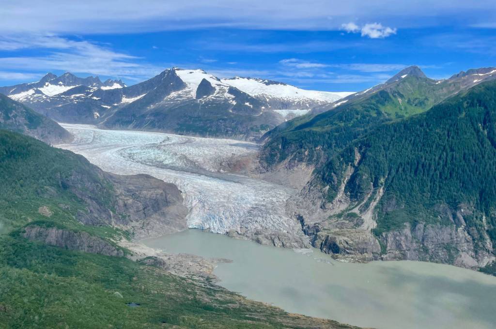 Mendenhall Glacier barely touches Mendenhall Lake near Juneau in this photo Eran Hood took from a helicopter on Aug. 13, 2025. (Eran Hood photo)