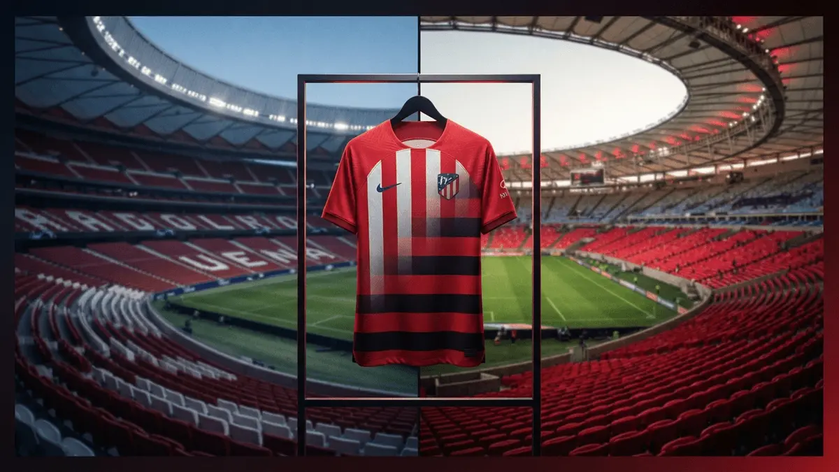 Atletico Madrid and Flamengo stadium atmospheres with football jerseys representing Thiago Almada