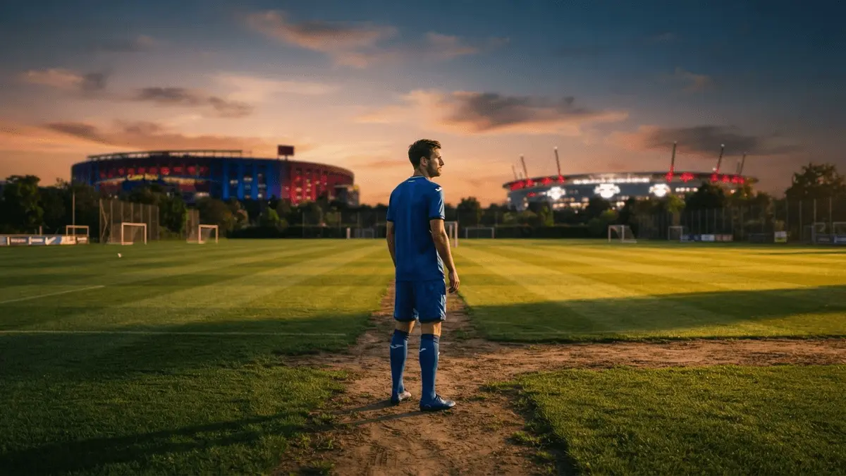 Hoffenheim player at crossroads between Barcelona and Leipzig stadiums at golden hour