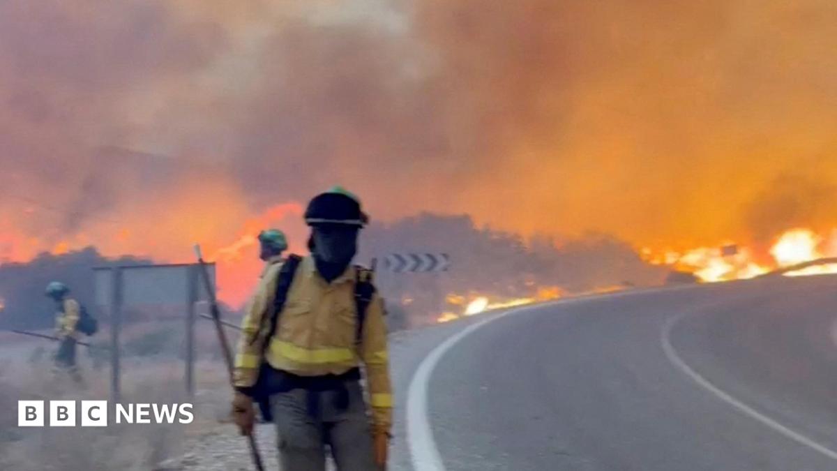 A firefighter sprays water on fire in a forest in Spain