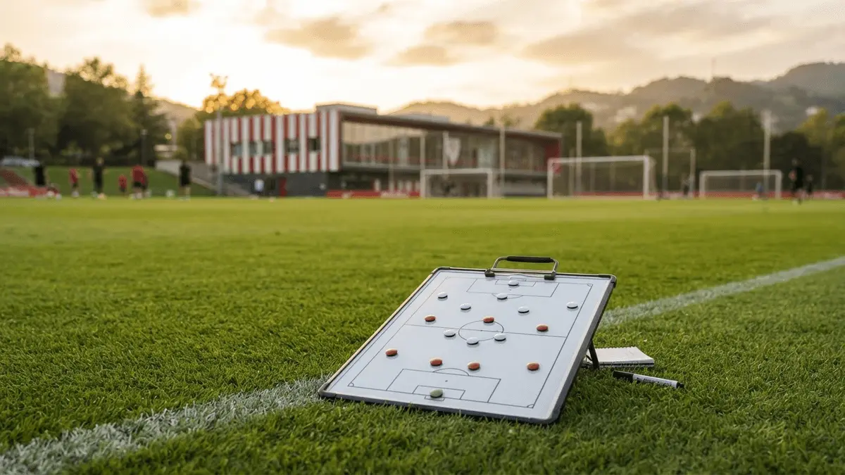 Football training ground with tactical board showing midfield formation at Athletic Bilbao facility