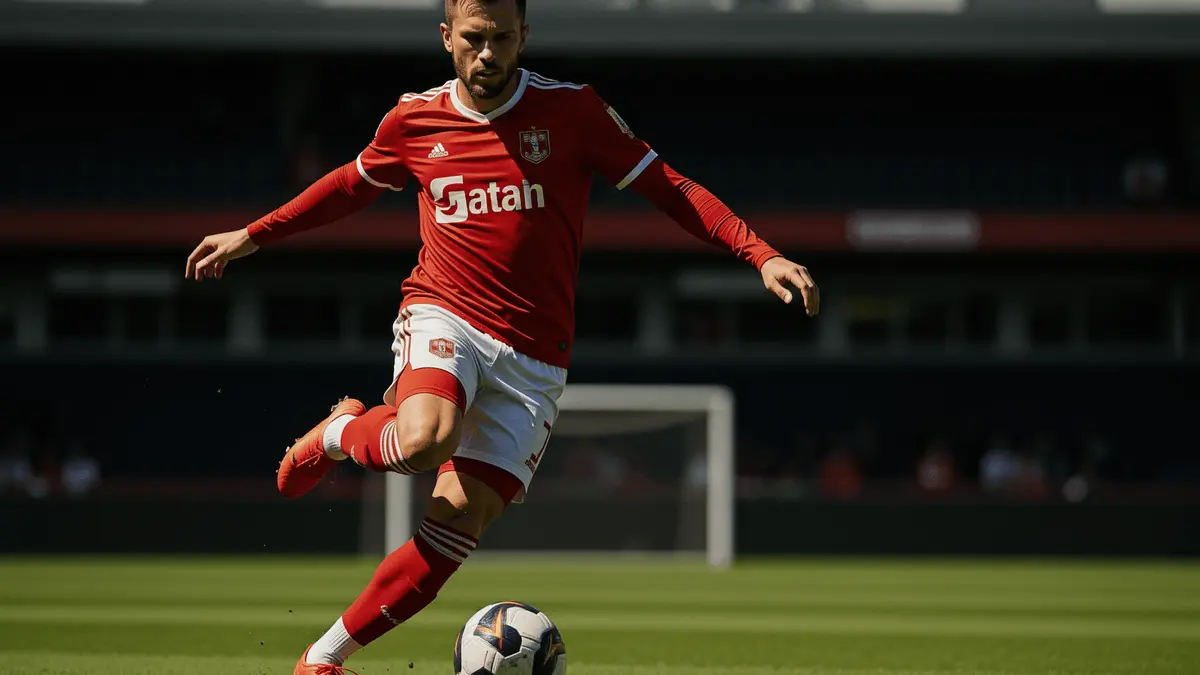 Danish midfielder in action during football match with dynamic kicking pose in stadium