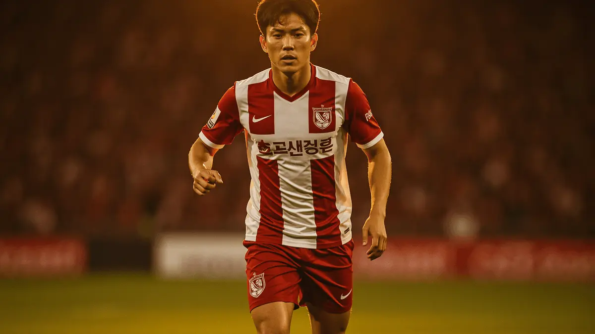 South Korean footballer in red striped kit running on pitch during evening match