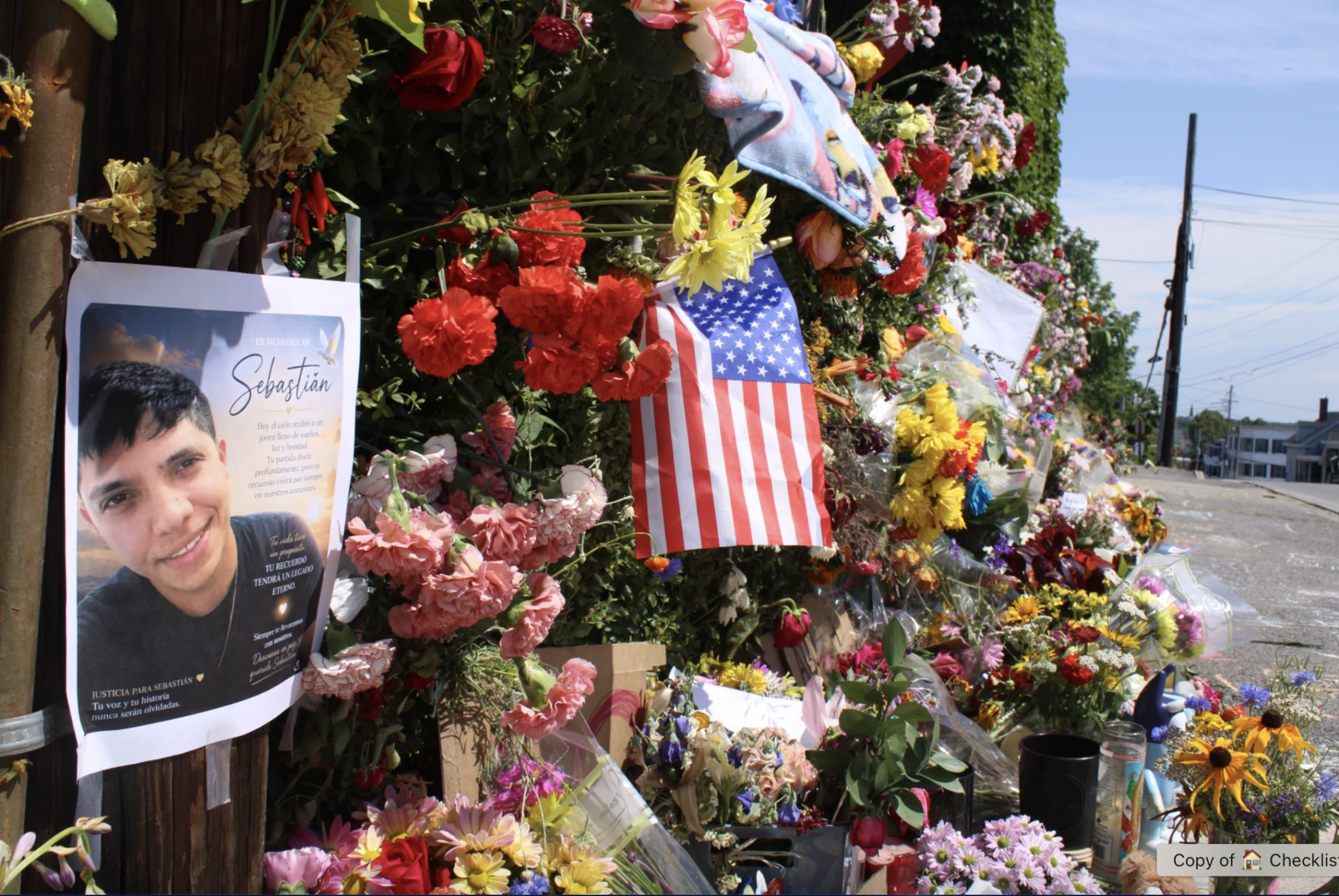 An impromptu memorial for Johan Sebastián Durán Guerrero at the intersection in Biddeford where he was shot and killed by an ICE agent on Monday, July 13, 2026. (Ari Snider/Maine Public)
