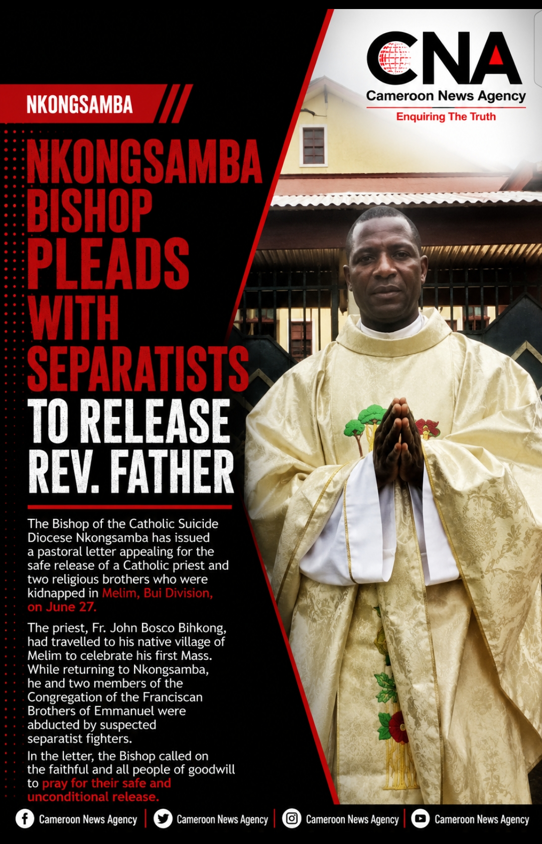 Bishop of Nkongsamba Appeals for Release of Kidnapped Priest and Two Religious Brothers
