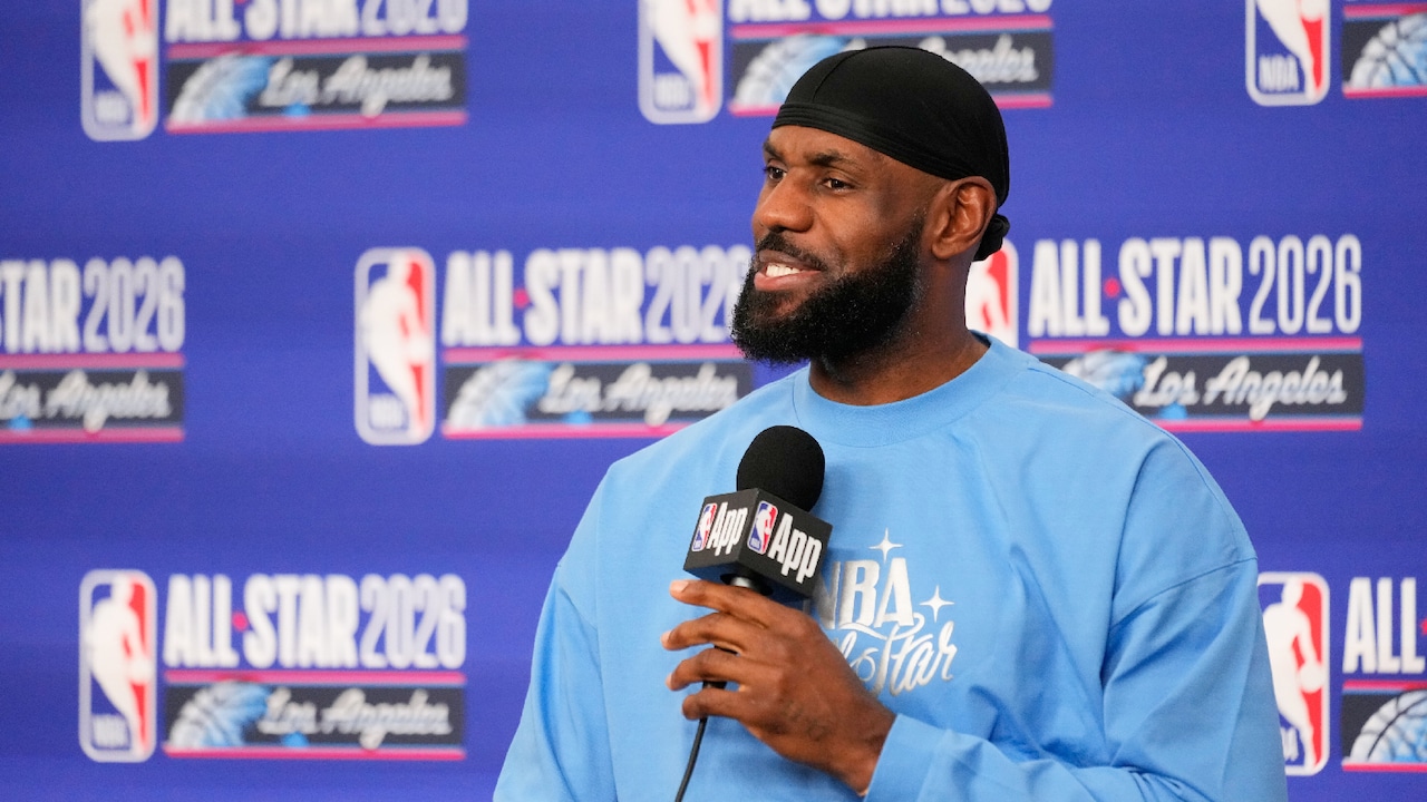 LeBron James doing press at 2026 All Star Game.