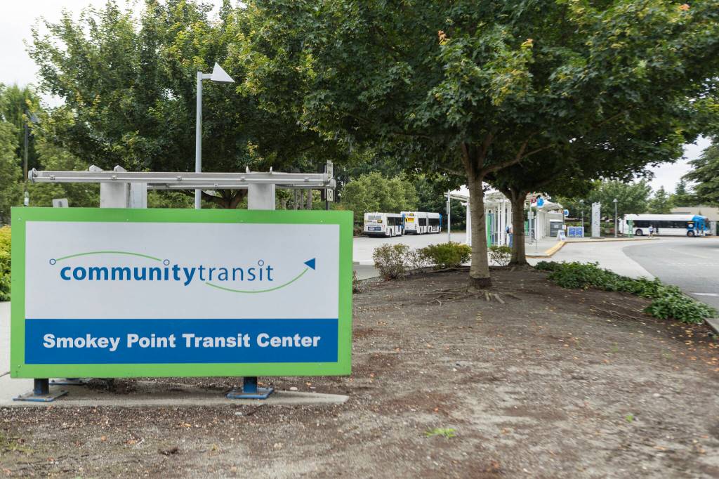 Community Transit’s Smokey Point Transit Center on Wednesday, July 1, 2026 in Arlington, Washington. (Olivia Vanni / The Herald)