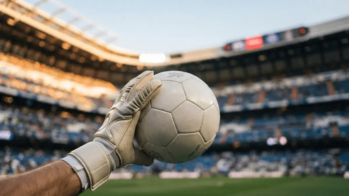 Goalkeeper glove gripping football with Real Madrid stadium in background, symbolizing leadership and new era