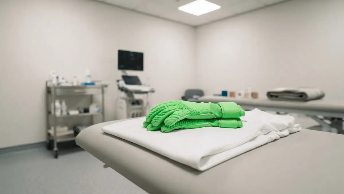 Green goalkeeper gloves on Real Madrid jersey in medical facility