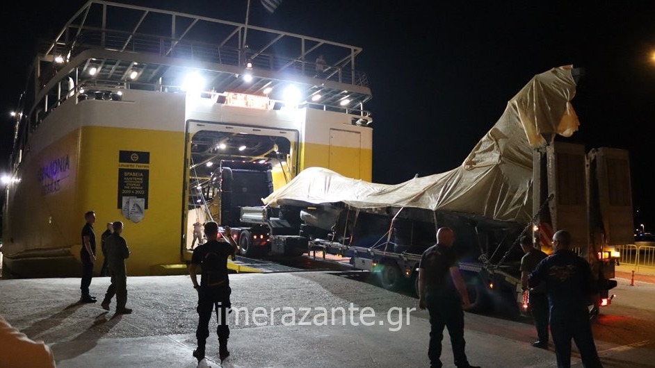 Damaged F-16 shipped back from Zakynthos on a regular ferry