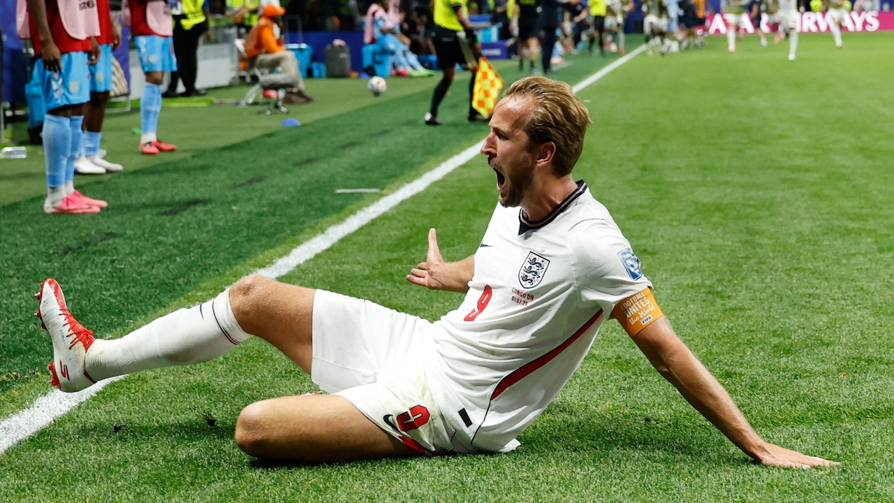 England's Harry Kane (9) celebrates scoring his side's second goal against Congo during the World Cup round of 32 soccer match in Atlanta, Wednesday, July 1, 2026.
