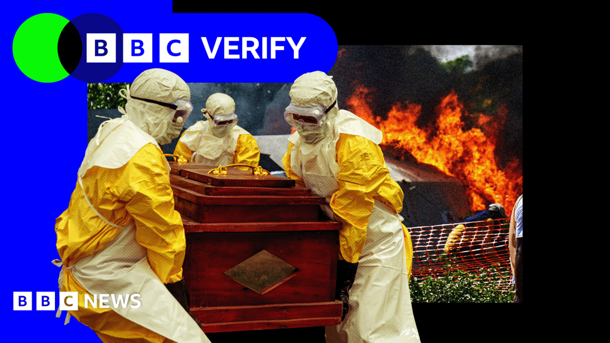 Composite image shows three ebola health workers in hazmat outfits carrying a coffin. In the background a separate scene shows tents at an ebola treatment centre set on fire.