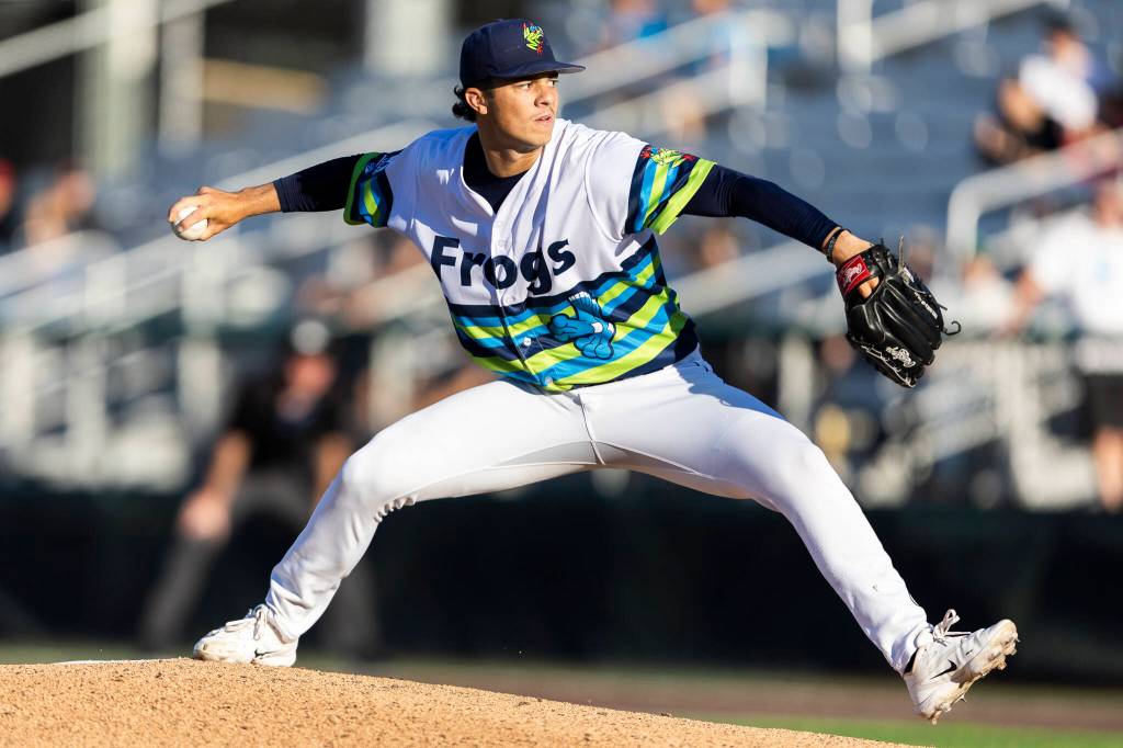 Colton Shaw #28 of the Everett AquaSox pitches against the Eugene Emeralds during the game on Friday, July 24, 2026 in Everett, Washington. (Olivia Vanni / The Herald)