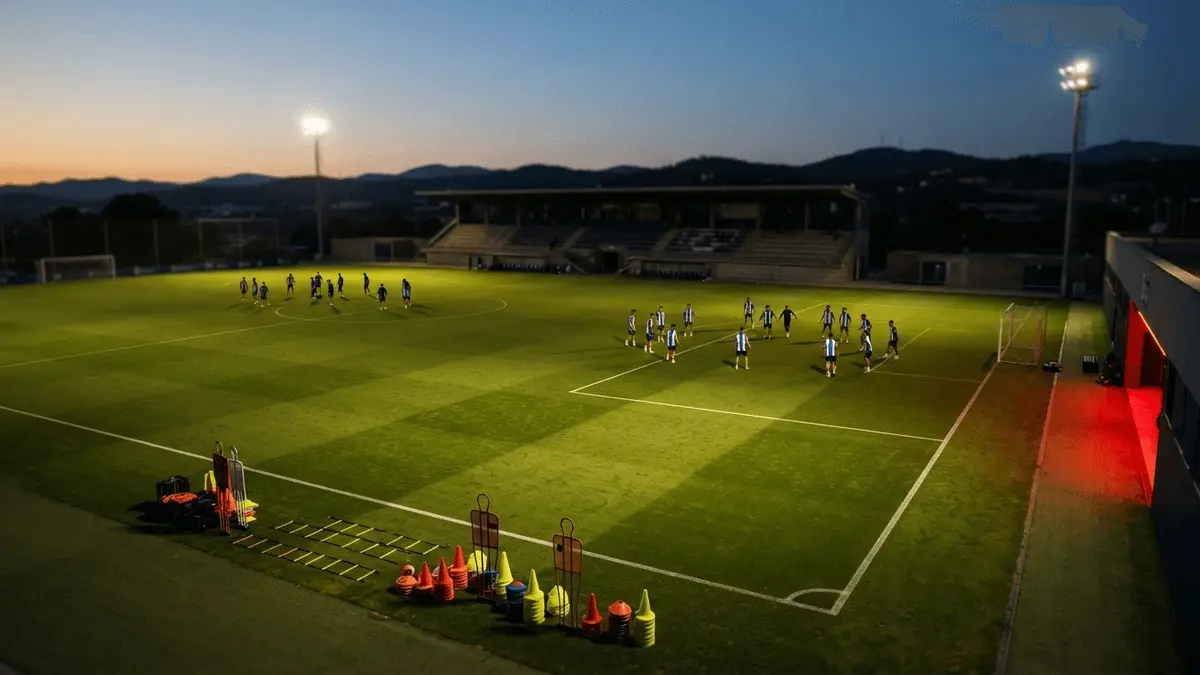 Espanyol preseason training under floodlights at a Catalan municipal stadium