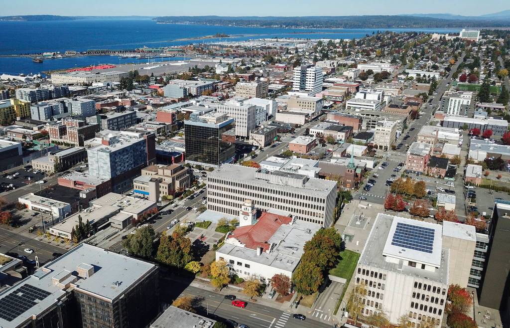 A view of downtown Everett facing northwest on Oct. 14, 2025. (Olivia Vanni / The Herald)