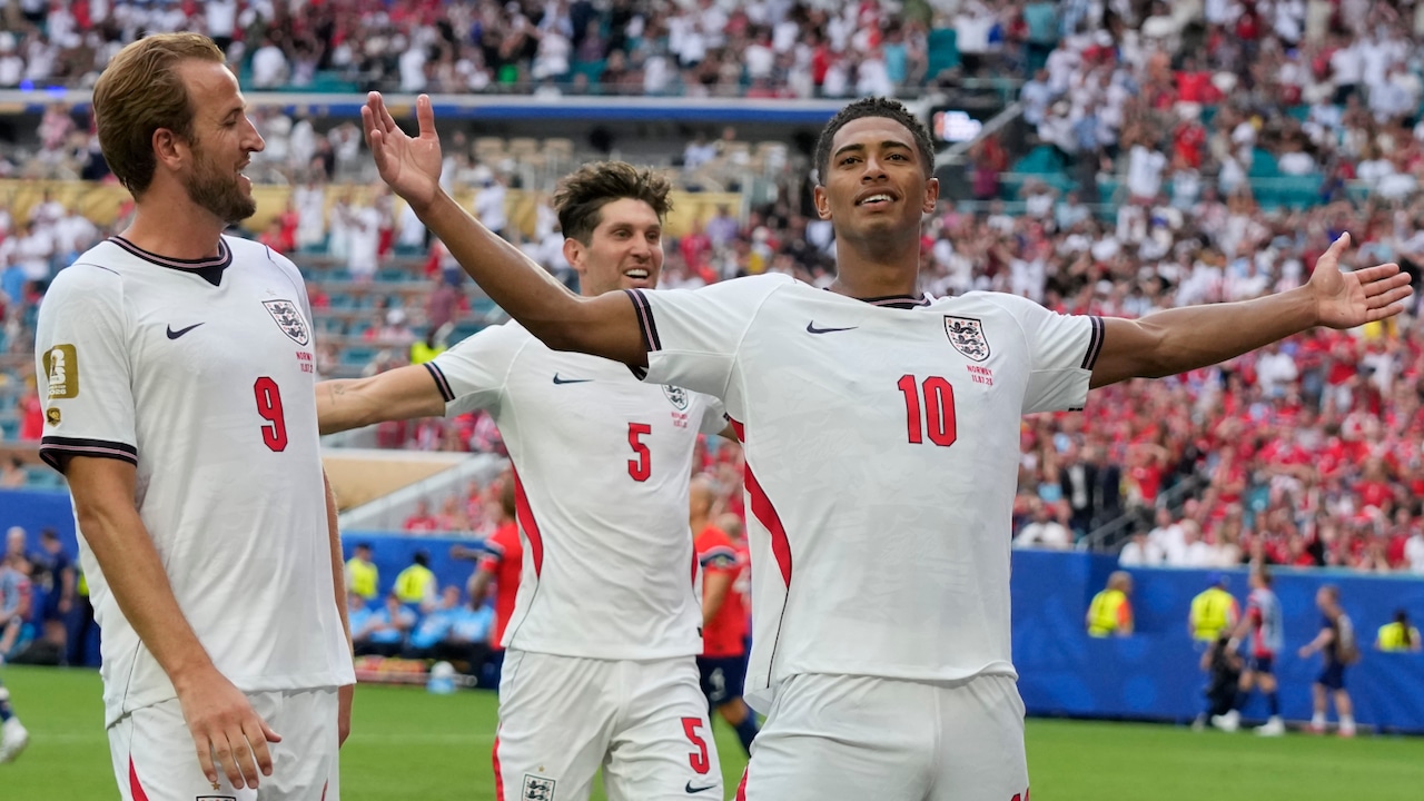 Jude Bellingham celebrates goal in England's World Cup victory over Norway (2026).