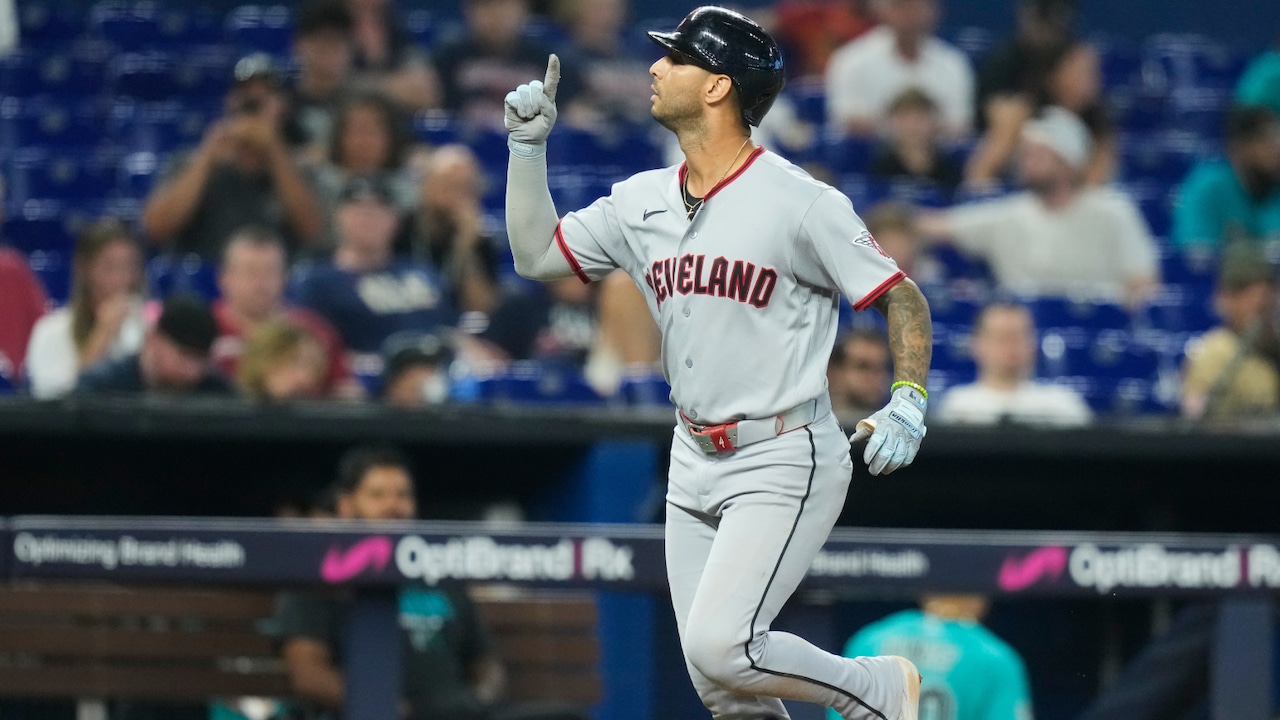 Brayan Rocchio celebrating home run vs. Seattle Mariners (2026).