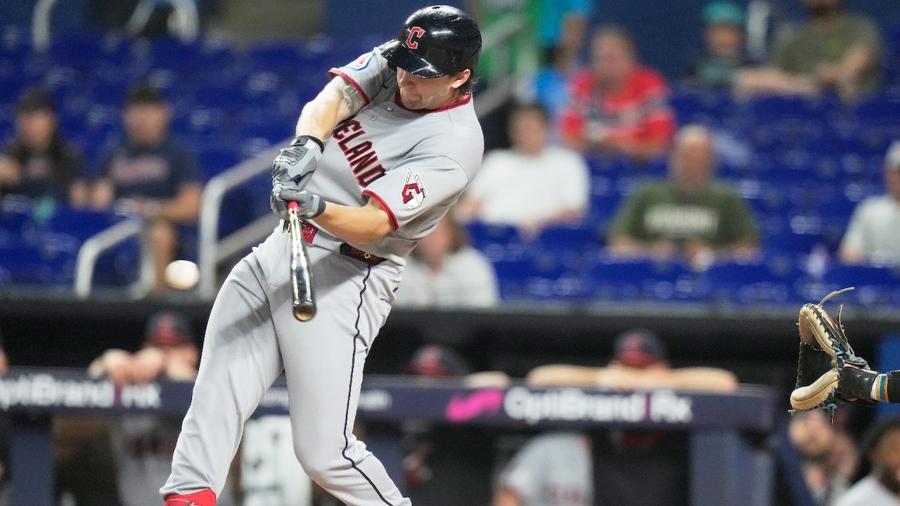Chase DeLauter swings for a single during Cleveland Guardians vs. Miami Marlins (2026).