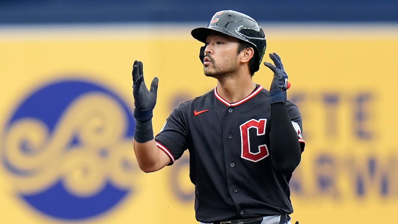 Steven Kwan celebrates hitting double during game between Cleveland Guardians and Tampa Bay Rays (2026).