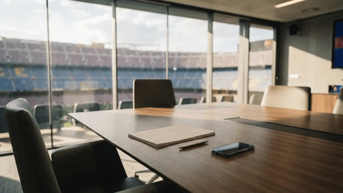 Empty Barcelona boardroom table with unsigned contract and phone, Camp Nou stadium visible through window