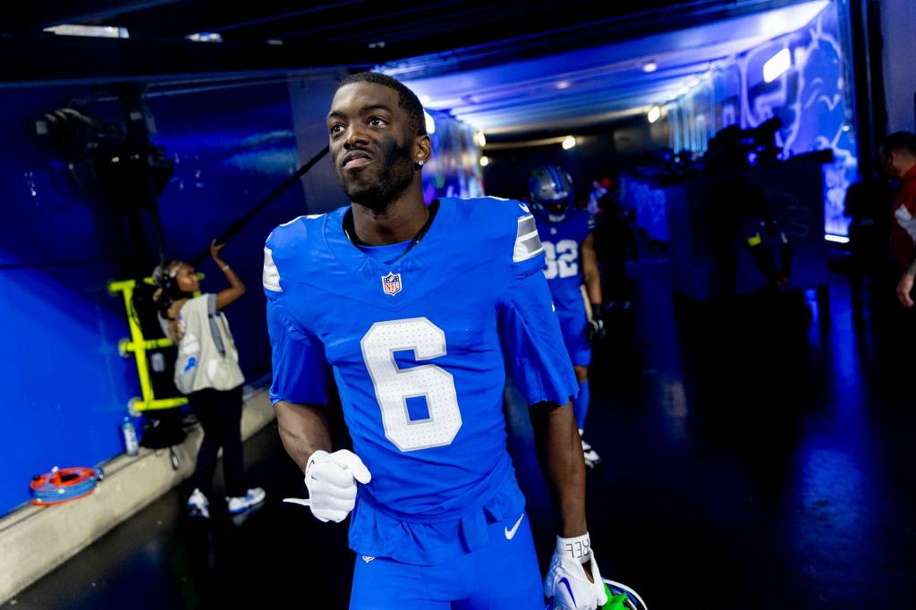 Detroit Lions cornerback Terrion Arnold walks onto the field as the Lions face the Minnesota Vikings in Week 9 on Sunday, Nov. 2, 2025 at Ford Field in Detroit. (Jake May / mlive.com / Tribune News Services)