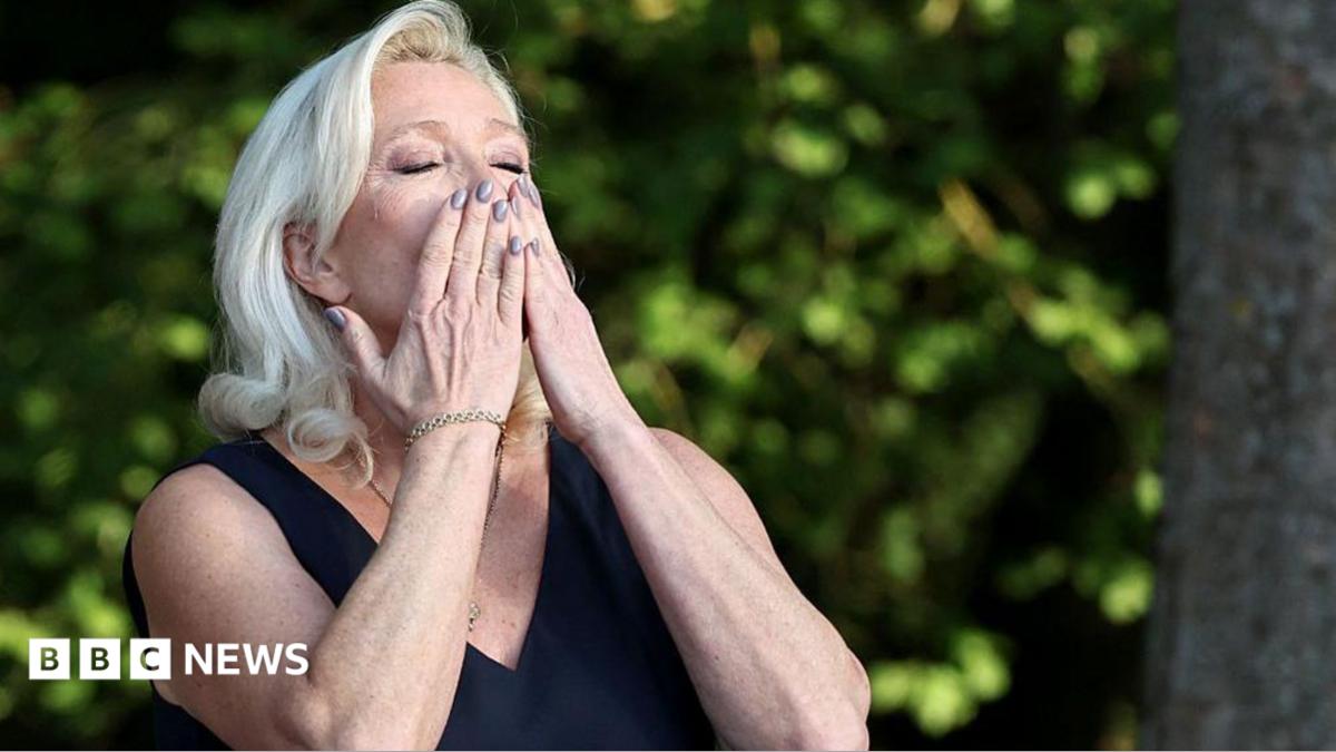 President of Rassemblement National parliamentary group Marine Le Pen reacts as she addresses the audience during a RN party event