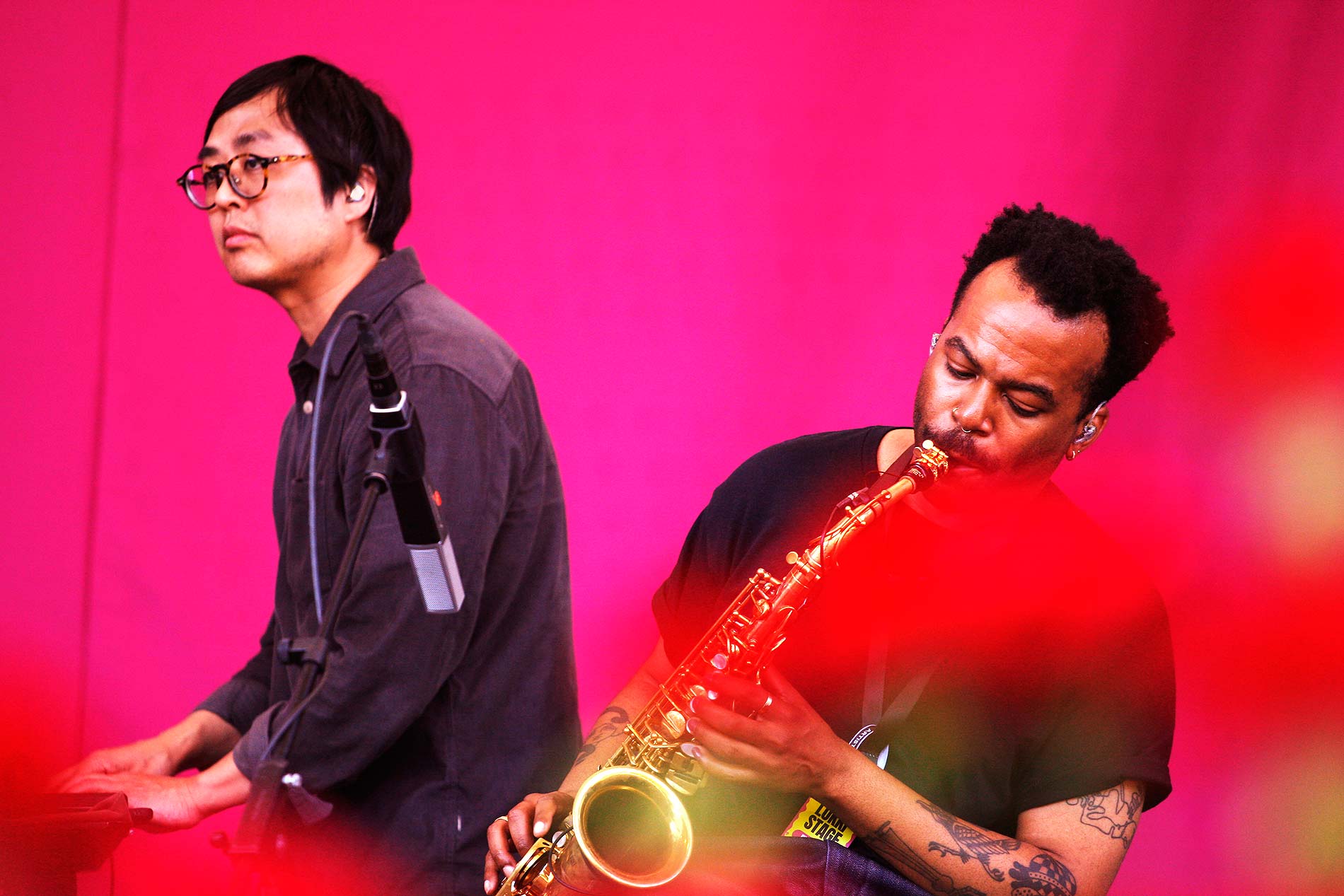 SML, or Small Medium Large, is an LA-based experimental jazz supergroup that does not spend much time playing together. Yet on Lokkilava (Seagull Stage) they found coherence in cacophony, pleasing their sun-soaked audience with layers of Afrobeat, bleeps and powerful saxophone overtones. Here synth artist Jeremiah Chiu and saxophonist Josh Johnson share a palpable moment of synergy. Photograph: TONY ÖHBERG/FINLAND TODAY