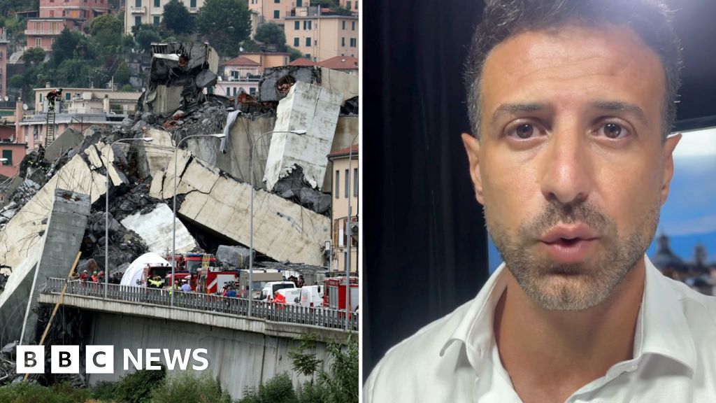 A composite of a crumpled bridge next to a picture of a male BBC journalist