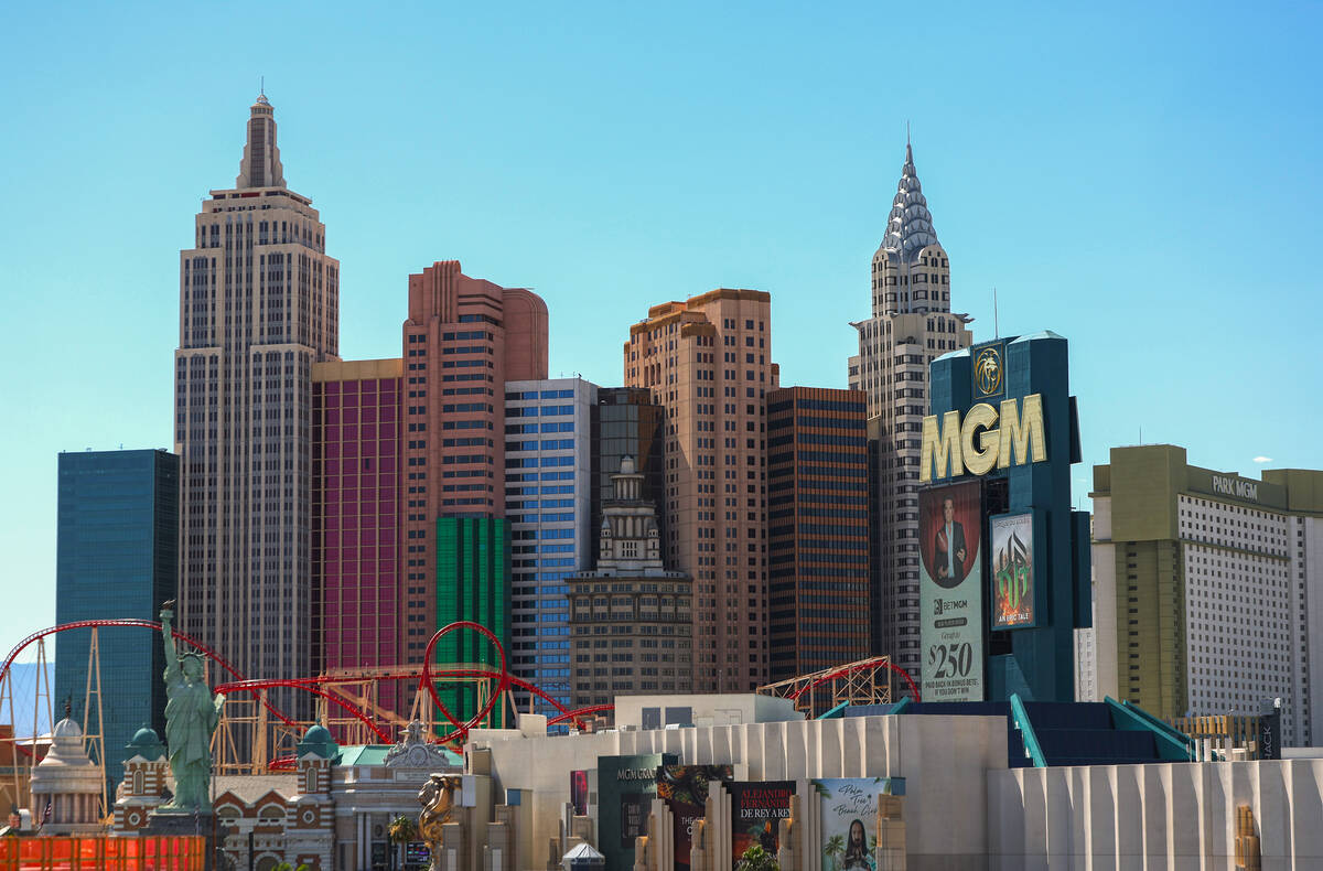 Signage for The MGM Grand and New York-New York is photographed Monday, June 1, 2026, in Las Ve ...