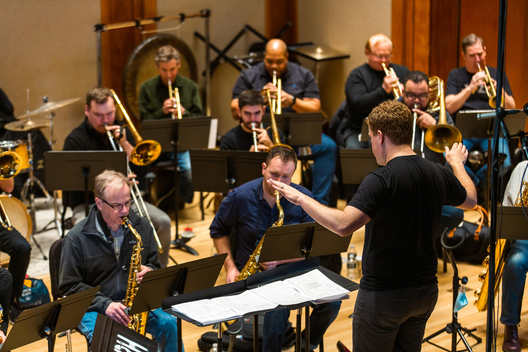 Jeremy Cohen, New England Jazz Collaborative founder and member composer, conducts the collaborative's big band during a rehearsal. (Courtesy Isabelle Cordova)