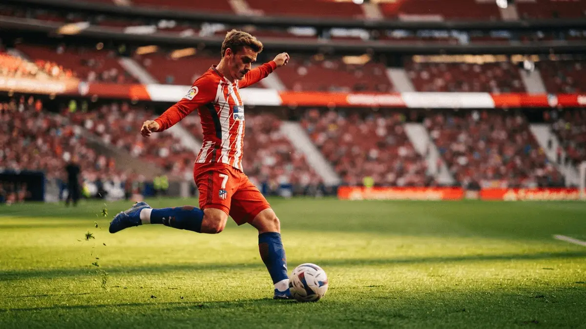 Soccer player in Atletico Madrid red and white jersey executing a pass at the Metropolitano stadium