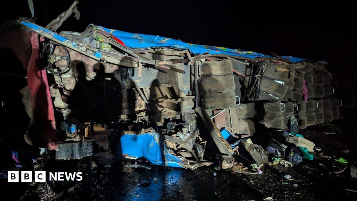 A wreckage of a bus from an accident