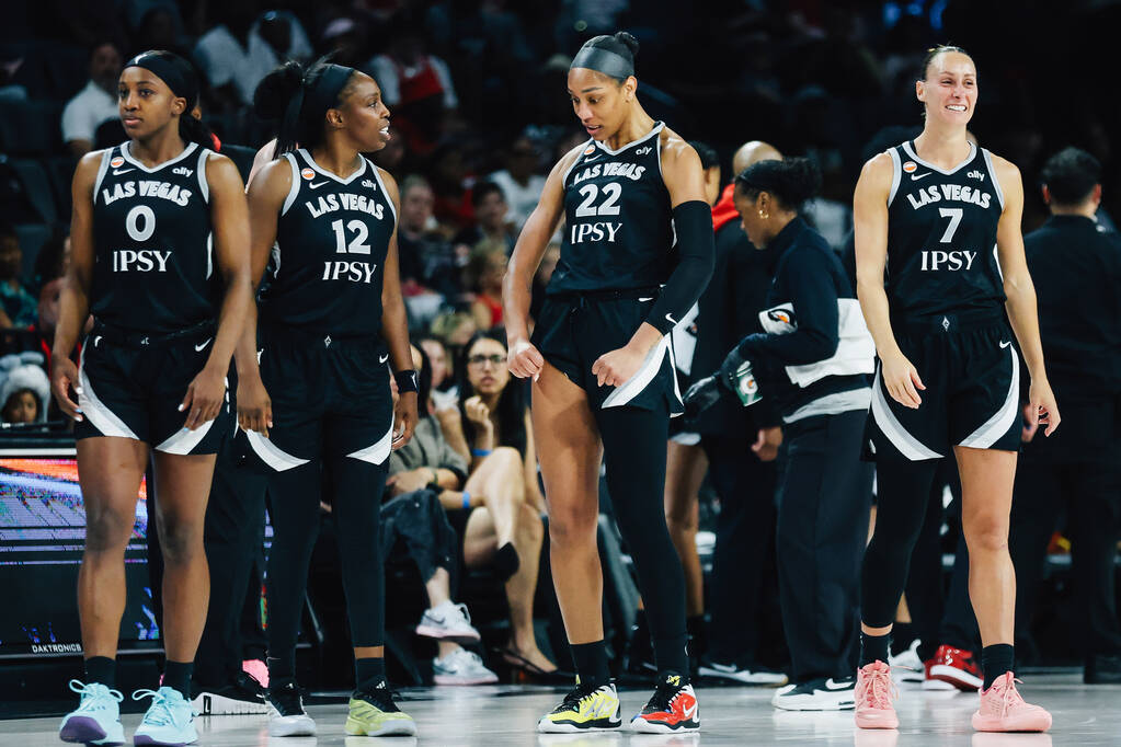 Aces center A'ja Wilson (22) reacts to a technical foul assessed against her during a WNBA ...