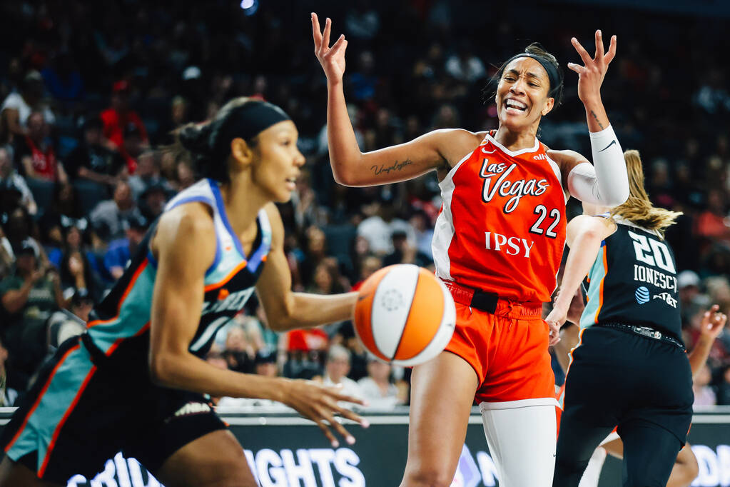 Aces center A'ja Wilson (22) reacts to a missed call by a referee during a WNBA basketball ...