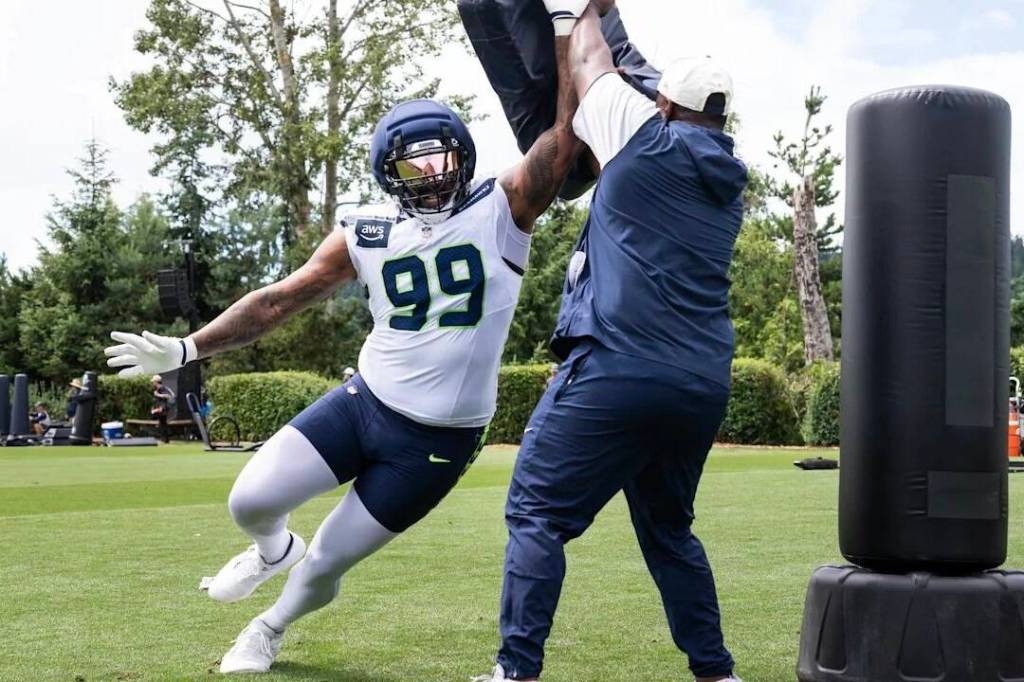 Seahawks defensive lineman Leonard Williams (99) practices on Tuesday, July 28, 2026 at the Virginia Mason Athletic Center in Renton, Washington. (Photo courtesy of Rod Mar / Seattle Seahawks)