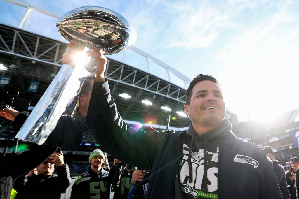 Mike Macdonald is all smiles at the Seahawks’ Super Bowl victory celebration at Lumen Field in February. (Steph Chambers / Getty Images)