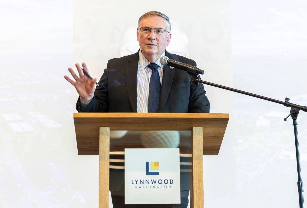 Lynnwood Mayor George Hurst speaks during his State of City address at the Lynnwood Neighborhood Center on Thursday, March 26, 2026 in Lynnwood, Washington. (Olivia Vanni / The Herald)