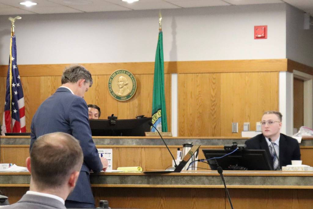 Dylan Picard (right) testifies in his own defense during a second-degree murder trial in Snohomish County Superior Court on July 9, 2026 in Everett, Washington. (Ian Davis-Leonard/ The Daily Herald)